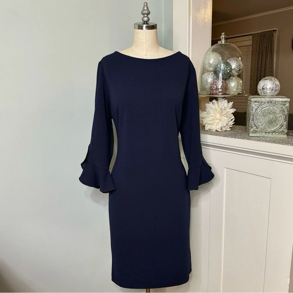 Karl Lagerfeld Navy Shift Dress with Tulip Bell Sleeves 12 Large - Picture 2 of 10